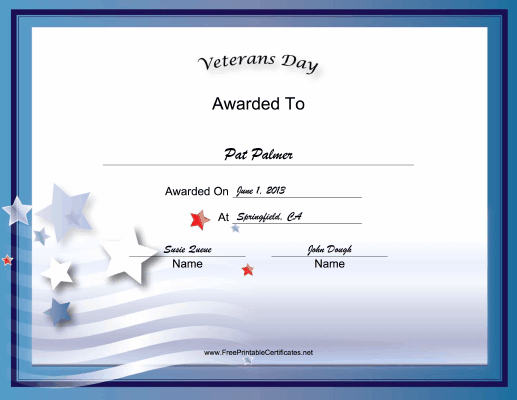 Veterans Day Holiday certificate