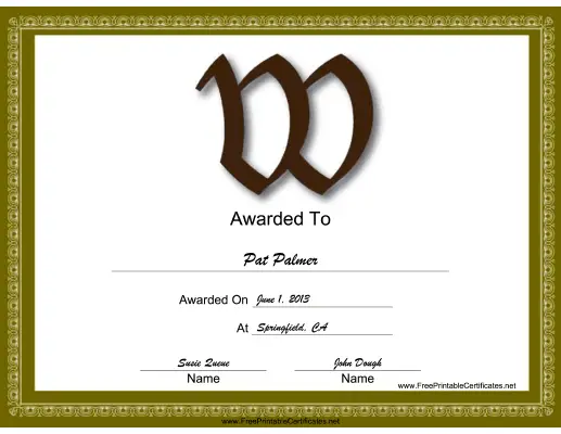 W Monogram certificate