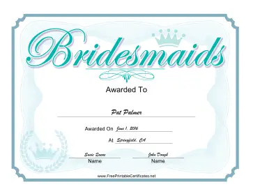 Wedding Bridesmaids certificate