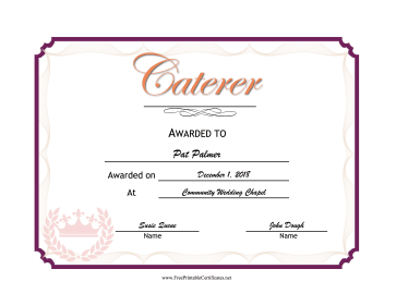Wedding Caterer certificate