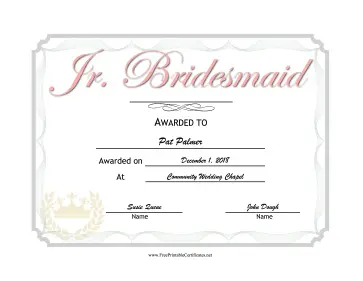 Wedding Junior Bridesmaid certificate