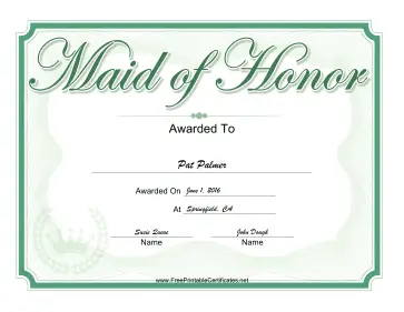 Wedding Maid of Honor certificate