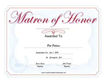 Wedding Matron of Honor certificate