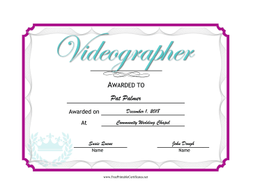 Wedding Videographer certificate