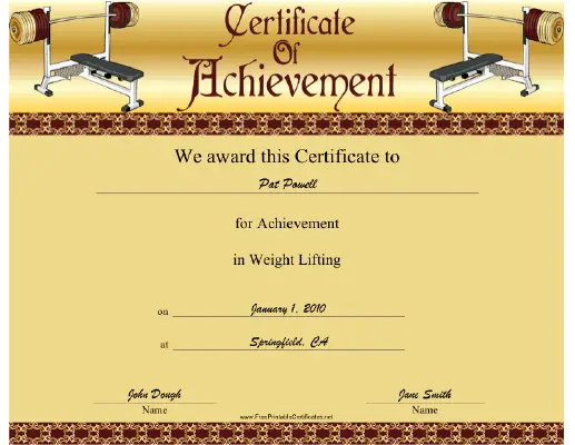 Weight Lifting certificate