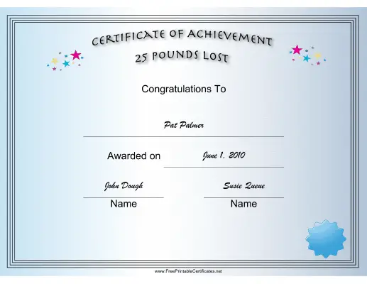 Weight Loss 25 Pounds certificate
