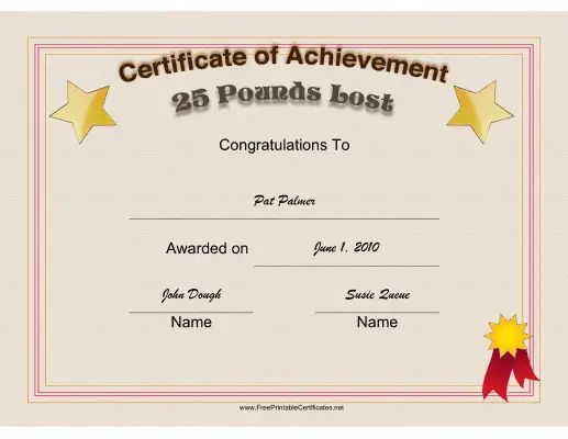 Weight Loss Achievement 25 Pounds certificate