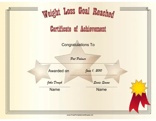 Weight Loss Goal Reached certificate