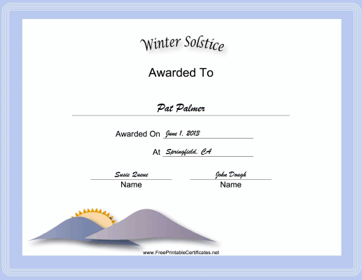 Winter Solstice Holiday certificate