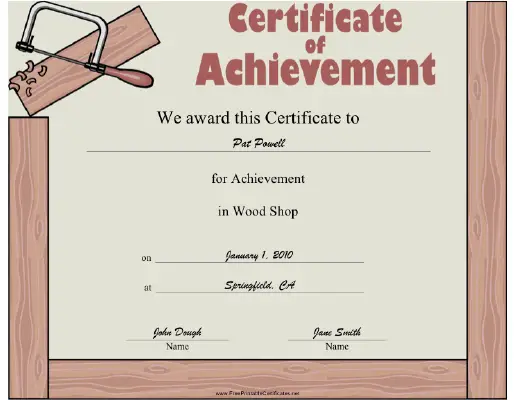 Wood Shop certificate