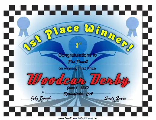 Woodcar Derby 1st Place certificate