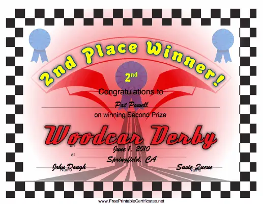 Woodcar Derby 2nd Place certificate