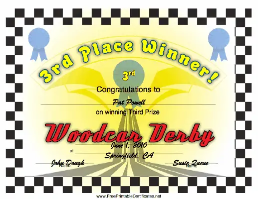 Woodcar Derby 3rd Place certificate