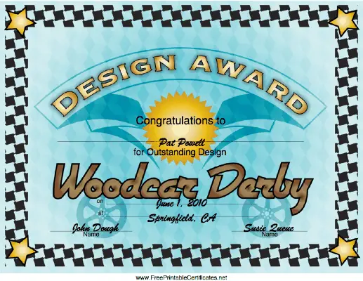Woodcar Derby Design Award certificate