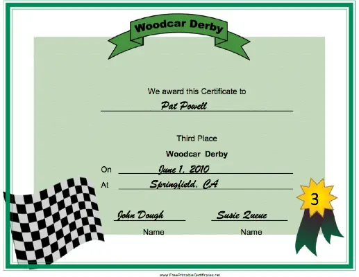 Woodcar Derby Third Place certificate
