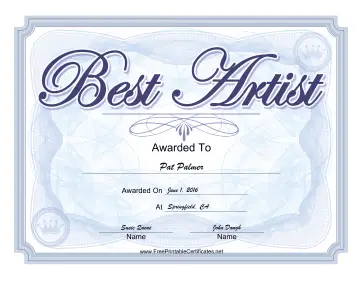 Yearbook Award Best Artist certificate