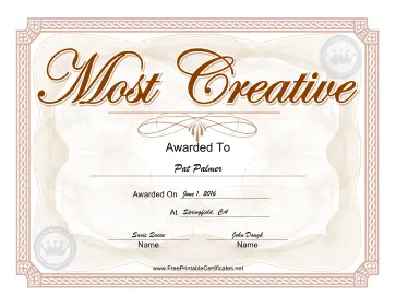 Yearbook Award Most Creative certificate