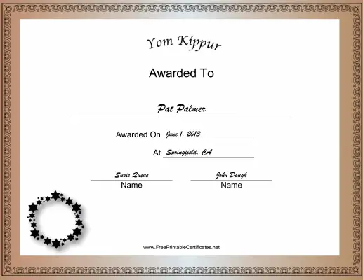 Yom Kippur Holiday certificate