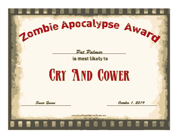 Zombie Award Cry And Cower certificate