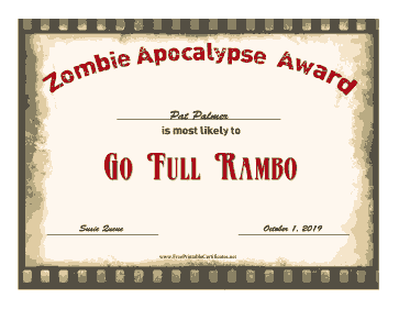 Zombie Award Full Rambo certificate