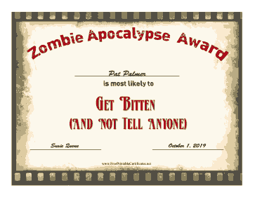 Zombie Award Get Bitten certificate