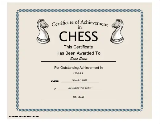 Achievement in Chess certificate