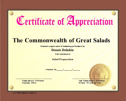 Appreciation certificate
