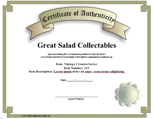Authenticity certificate