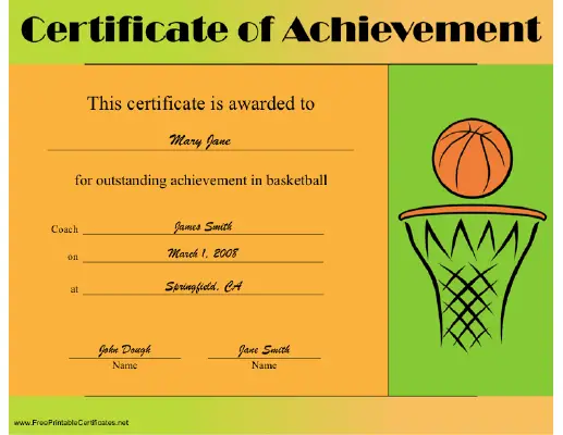Basketball Achievement certificate