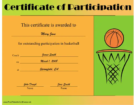 Basketball Participation certificate