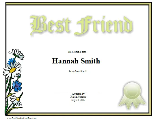 Best Friend certificate