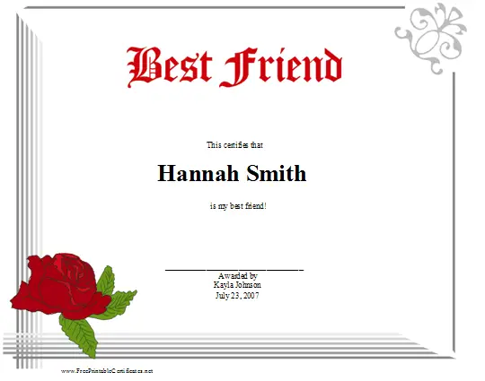 Best Friend certificate