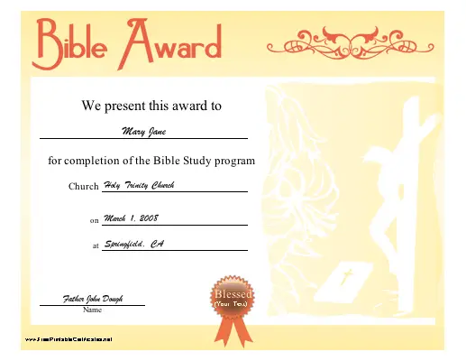 Bible Award certificate
