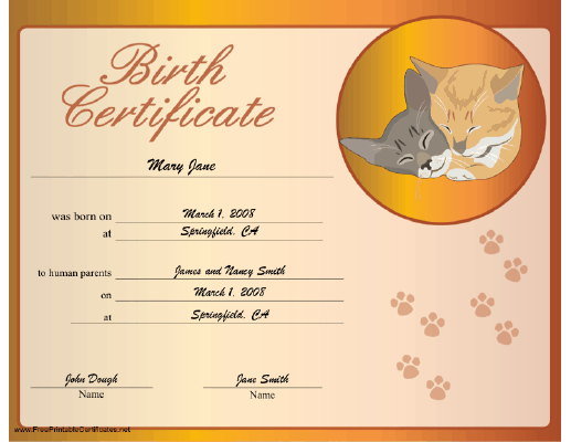 Cat Birth certificate