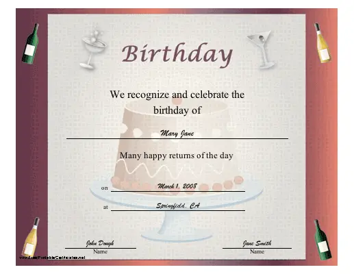Birthday Certificate for Adults certificate