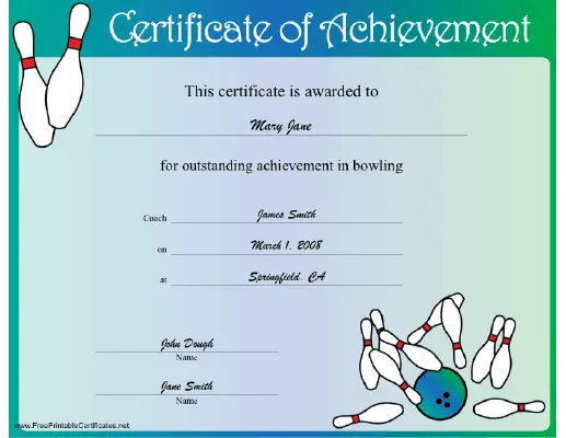 Bowling Achievement certificate