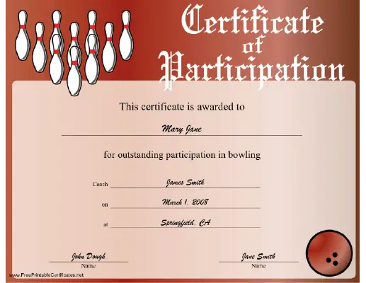 Bowling Participation certificate