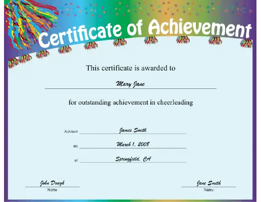 Cheerleading Achievement certificate