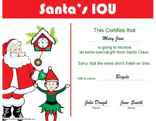 Christmas IOU certificate