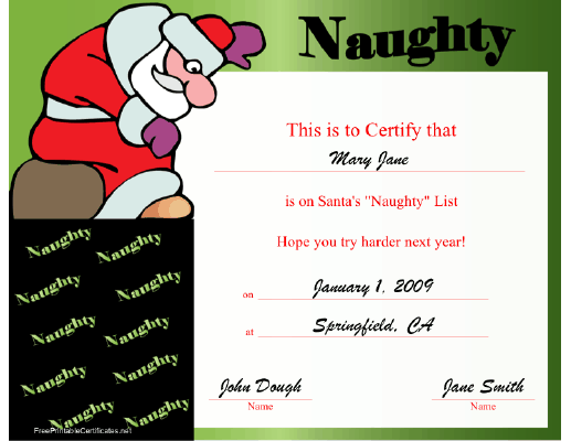 Christmas Naughty certificate