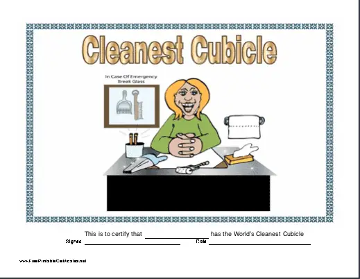 Cleanest Cubicle Certificate (female) certificate