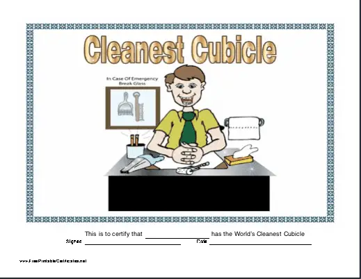 Cleanest Cubicle Certificate (male) certificate