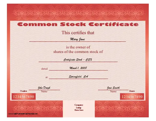 Common Stock certificate