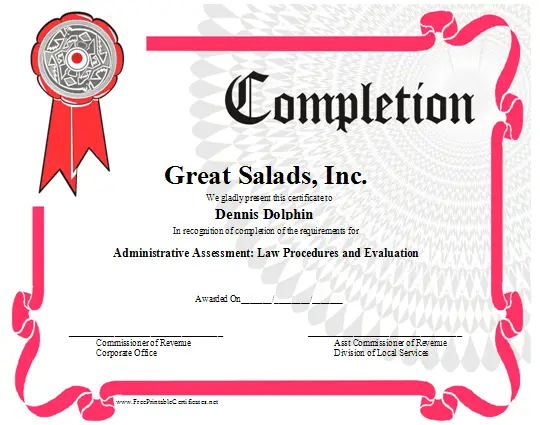 Completion certificate