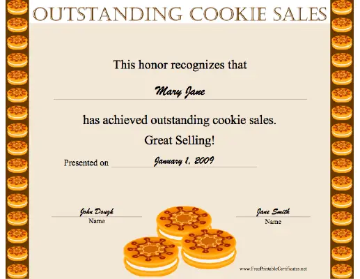 Outstanding Cookie Sales certificate