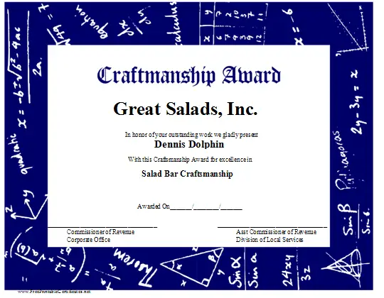 Craftsmanship Award certificate