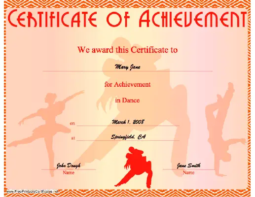 Dance Achievement certificate