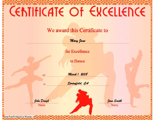 Dance Excellence certificate