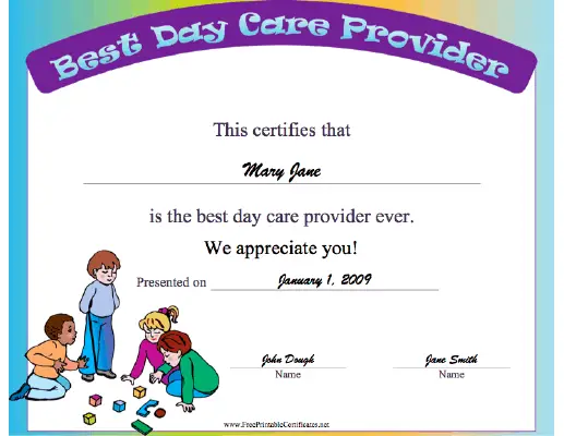Best Day Care Provider certificate
