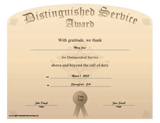 Distinguished Service Award certificate